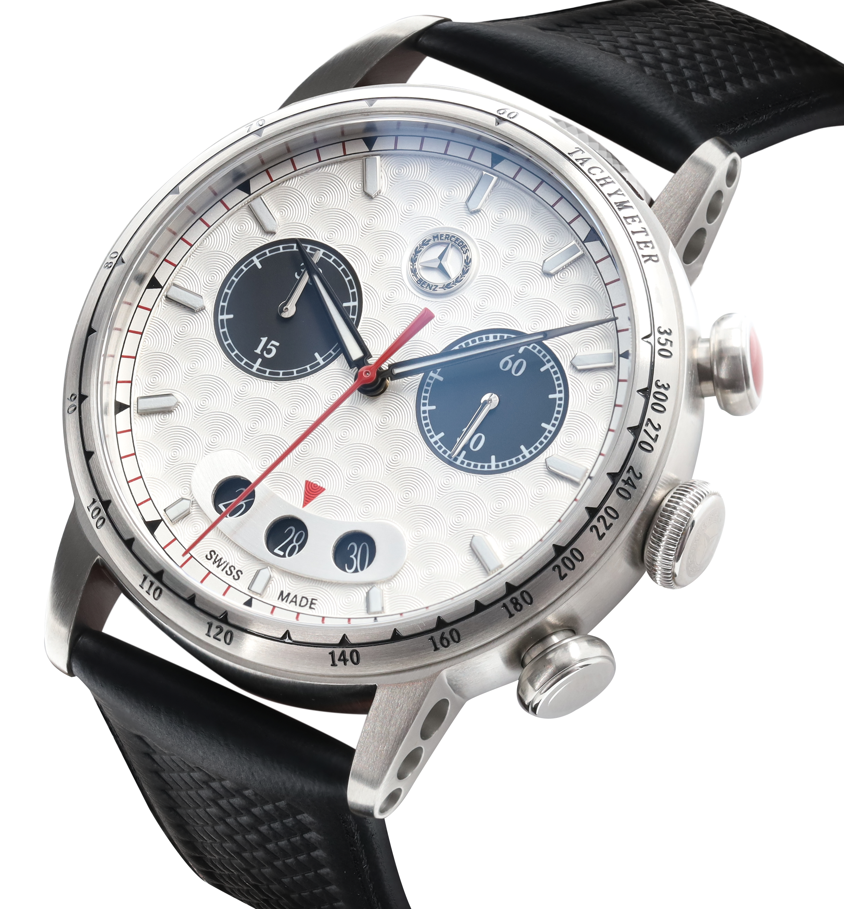 Chronograph Herren, CLASSIC, Silberpfeil - silberfarben / schwarz / rot, Edelstahl / Kalbsleder