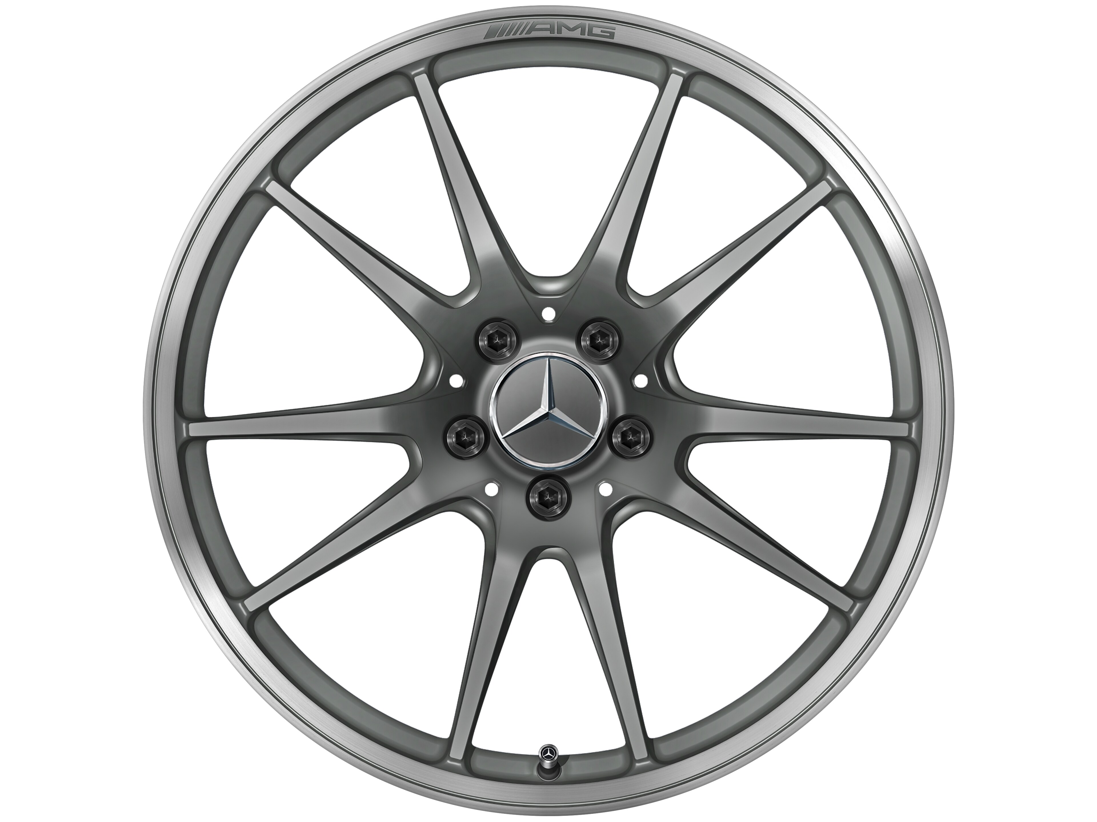 AMG forged wheel in 5-twin-spoke design, 50.8 cm (20-inch), High-sheen rim flange - 12 J x 20 ET 52, matt titanium grey, high-sheen rim flange