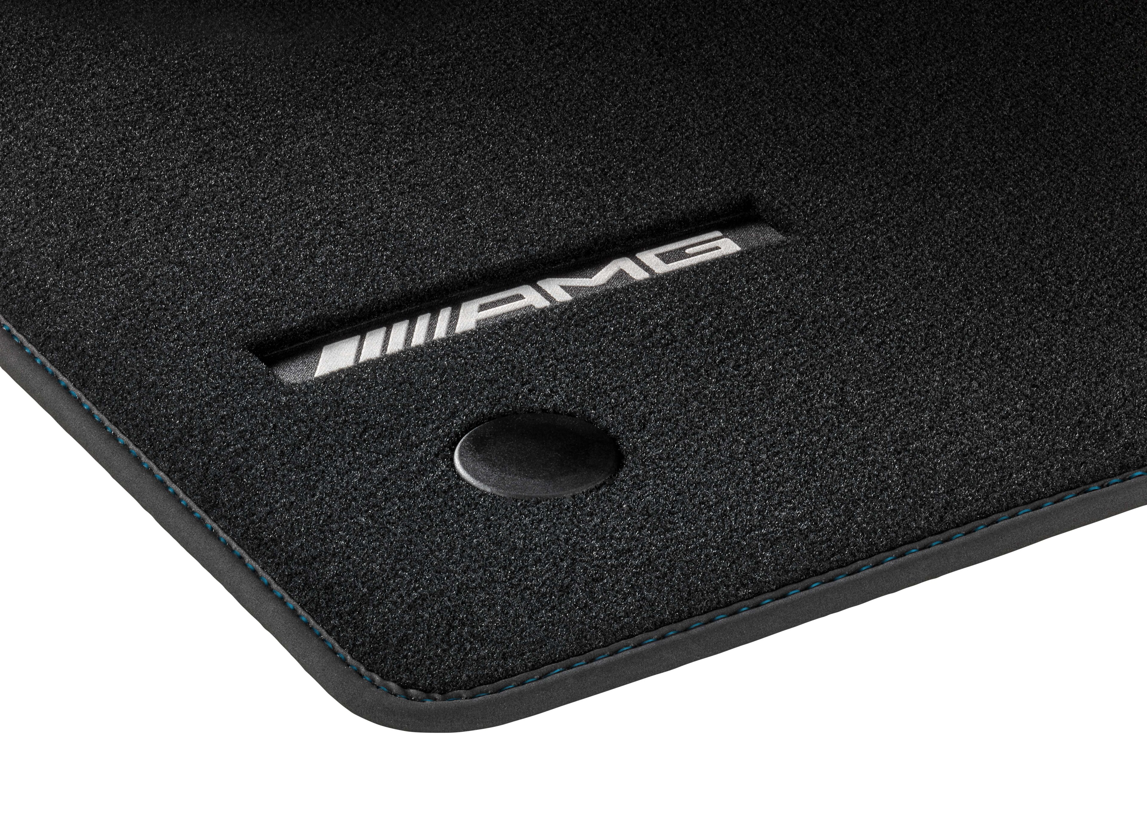 AMG velour floor mats, Set, Set of 4, With AMG web logo, Tekki blue topstitching - LHD, black