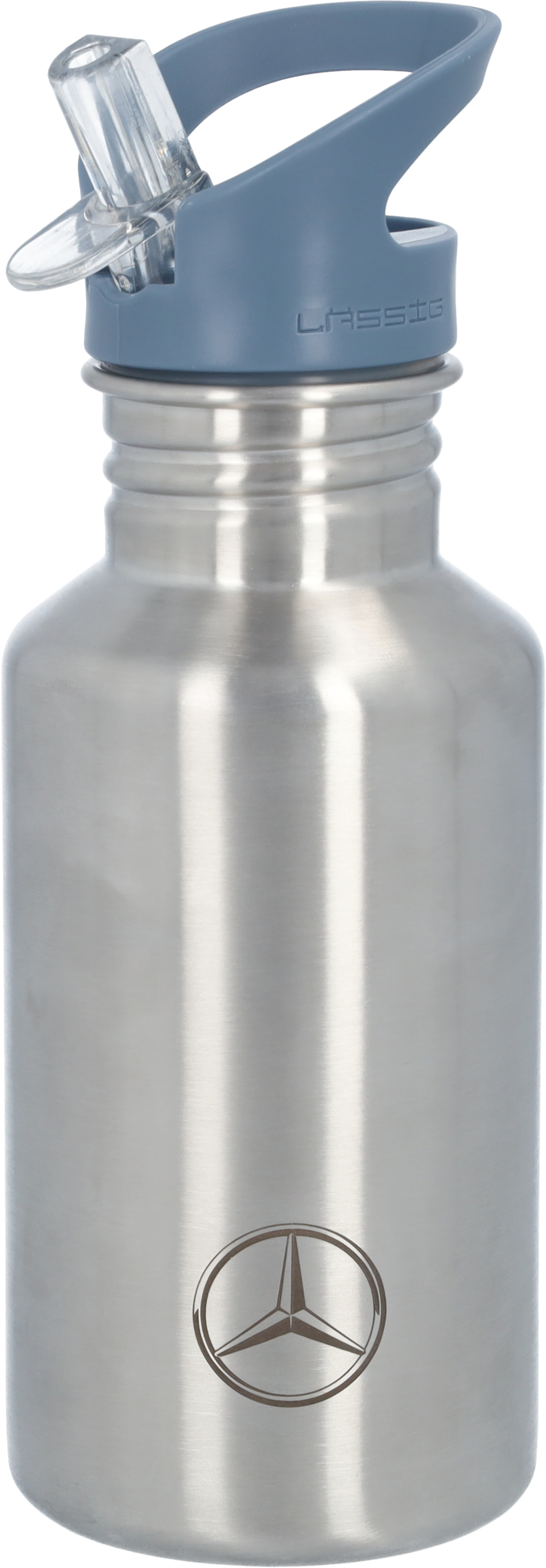 Children's drinking bottle, Mercedes-Benz - silver-coloured / blue, Stainless steel / Bamboo / Polypropylene, Lässig